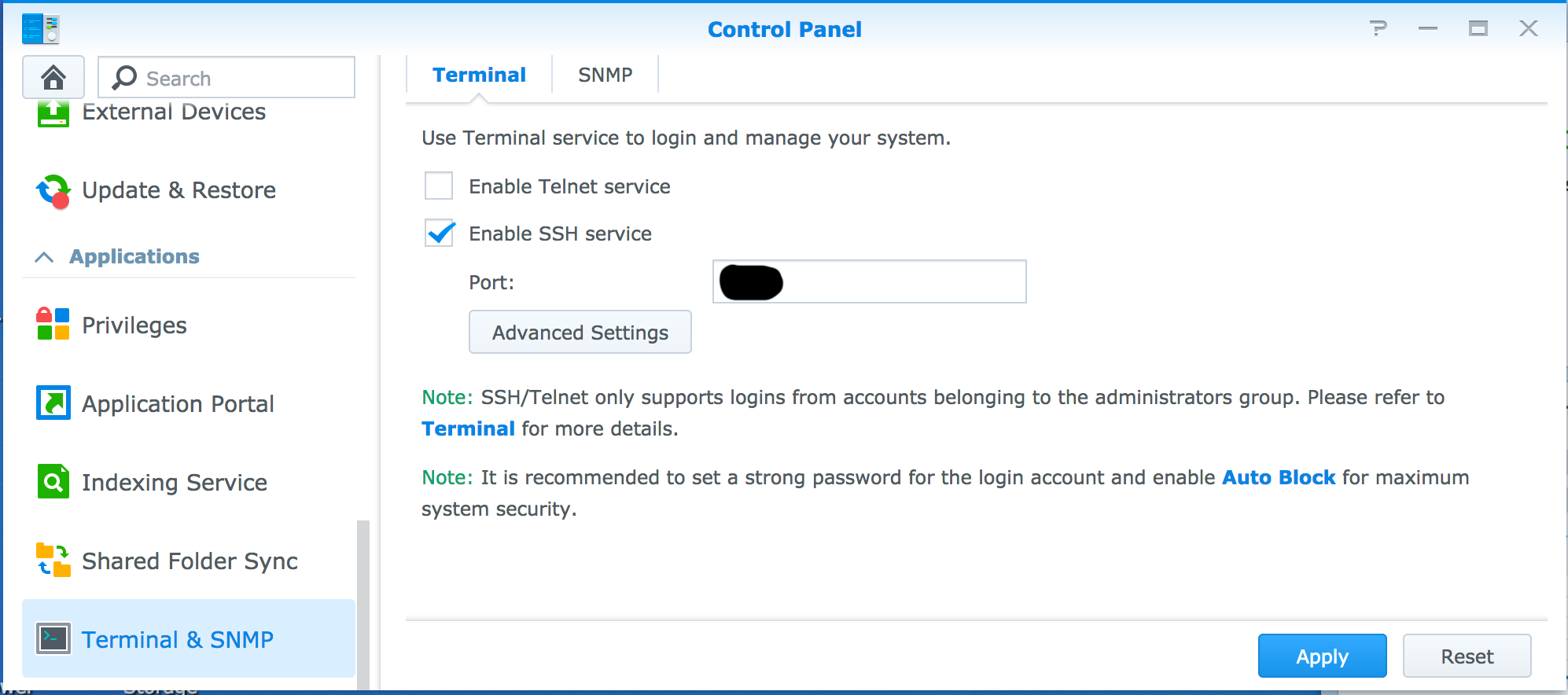 DSM Control Panel > Terminal & SNMP > Terminal screen